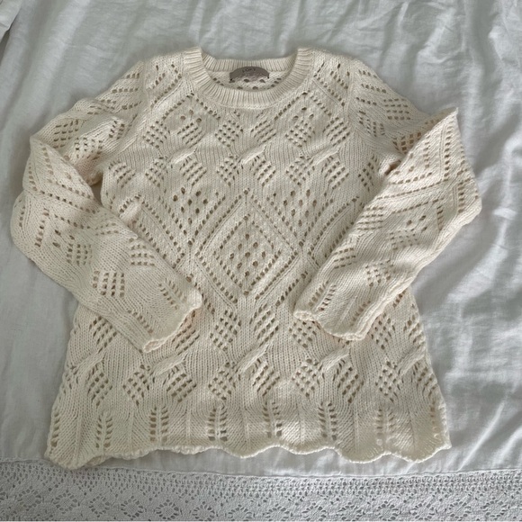 LOFT SMALL cream sweater Pointelle Knit Wool Blend white open knit long sleeve - Picture 2 of 7